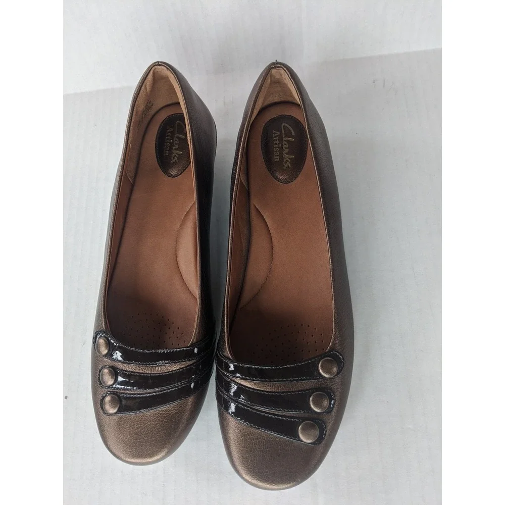 Clarks Artisan Shoes Womens  sz 10 M Leather Brown Gold Wedge NEW
